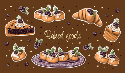 Stickers with baked goods. Blueberry desserts: pie, cheese pancake, croissant, cupcake. Vector.