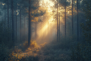 Fototapeta premium Sunlight breaking through the trees in a misty forest at dawn