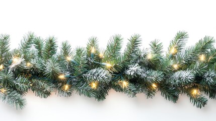 Decorative border of conifer tree branches with bright Christmas lights framed by a white background