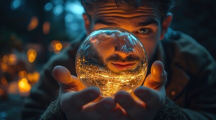 A man gazes into a glowing crystal ball, surrounded by twinkling lights. The ethereal scene captures a moment of contemplation and mystical reflection in a dreamy, forest setting.