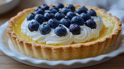 Lemon Tart with Whipped Cream and Blueberries on a White Plate