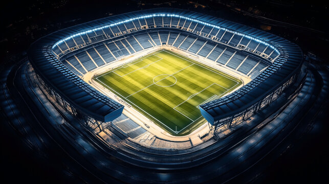 Aerial view of an illuminated football stadium at night with an empty field, seating areas, and bright stadium lights, showcasing the architectural layout and design.