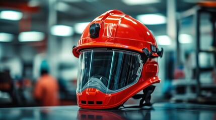Focus on a bright red firefighter helmet with a face shield and reflective stripes on a table in the equipment preparation room.