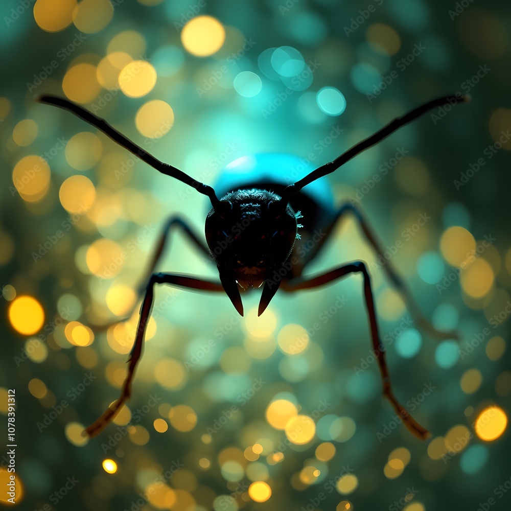 Poster a vibrant ant disappearing with glowing particle effects representing energy and movement in nature