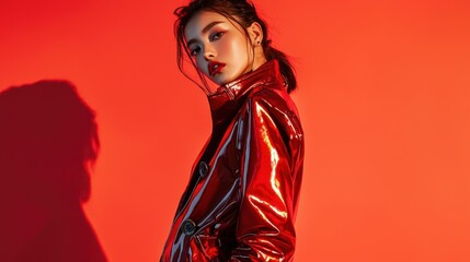 Fototapeta premium woman wearing a shiny colored leather trench coat and posing with dramatic lighting casting shadows on one side of the body standing against a plain background.