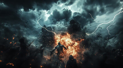 A man engulfed in flames stands against a backdrop of a stormy sky, with lightning striking in the distance.