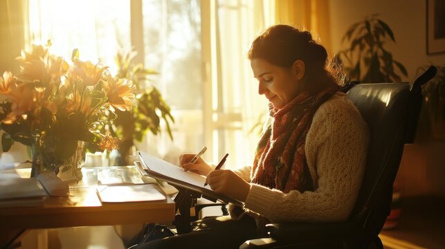 Woman using assistive device to write clean room soft lighting copy space