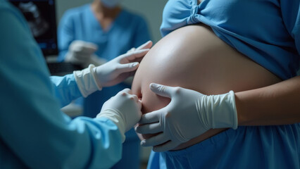 Obraz premium A pregnant woman is being examined in a clinic.