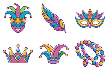 Obraz premium set of icons for Mardi Gras, hat of Jester, Mask, Beads, Feather, crown