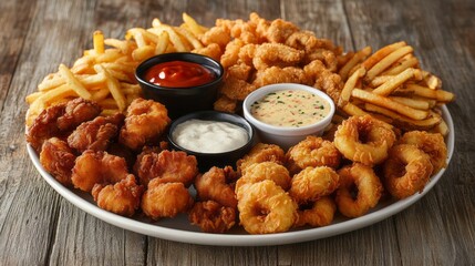 A plate of fried food with a variety of dipping sauces