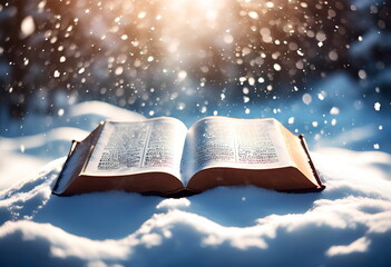 Fototapeta premium A warmly lit open bible resting on a layer of snow with snowflakes surrounding it
