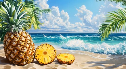 Obraz premium A pineapple and its slices lie on the sand on an exotic beach, with palm trees on the shore and crashing waves in the background. The sky is blue with white clouds, creating a beautiful summer scene.