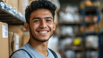 Volunteer helping at food bank young Hispanic man with short black hair bright day clean background copy space