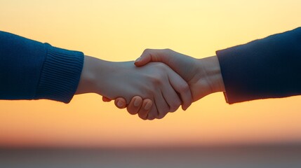 Sunset Handshake: A symbolic image of two people shaking hands against a vibrant sunset backdrop, representing partnership, agreement, and the beginning of a new venture.