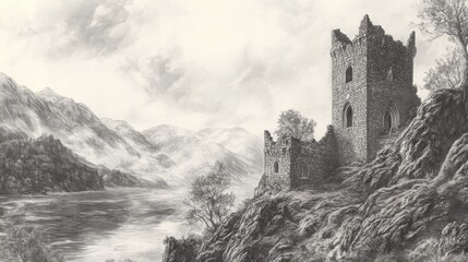 Naklejka premium Cross drawn pen and ink drawing of an old stone castle on a cliff above a misty Scottish loch.