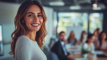 Woman leading team meeting modern office bright lighting clean background copy space