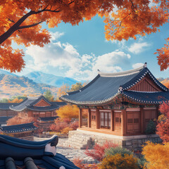 Obraz premium korean garden in autumn, Autumn Hanok scene, traditional Korean house