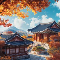 Fototapeta premium korean garden in autumn, Autumn Hanok scene, traditional Korean house