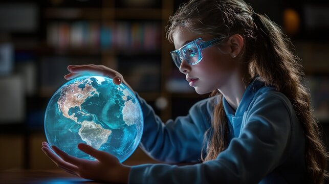 Teacher using a holographic globe to teach geography, 3D maps and terrain models allowing students to explore the world visually."