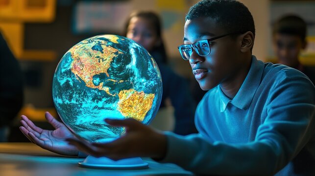Teacher using a holographic globe to teach geography, 3D maps and terrain models allowing students to explore the world visually."