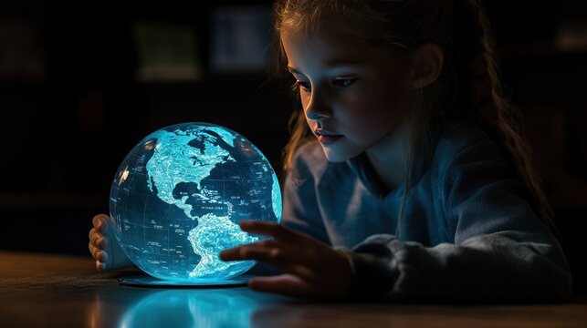 Teacher using a holographic globe to teach geography, 3D maps and terrain models allowing students to explore the world visually."