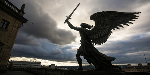 Fototapeta premium Abstract Silhouette of a Menacing Angel with Sword in Drone Photography Style, Capturing a Dark and Ethereal Atmosphere, Perfect for Fantasy and Artistic Themes