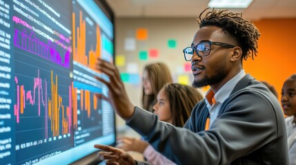 Teachers using data analytics dashboards to track student progress, digital graphs and metrics displayed on a large screen."