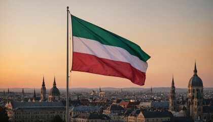 The Kuwait flag flies proudly over the city at sunset