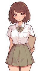 Anime School Girl in Uniform with Notebook