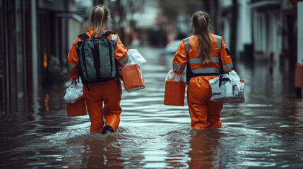 Two female nurses in reflective waterproof suits, holding first aid kits and emergency supplies as they walk through a flooded area.