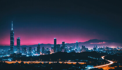 A beautiful cityscape with skyscrapers illuminated against a pink and purple sunset