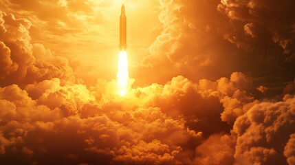 Obraz premium Powerful rocket launch with flames and thick smoke plume filling the sky, dramatic energy