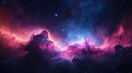 Naklejka premium Vast cosmic sky illuminated by colorful stars and nebulae, a mesmerizing mix of purple, blue, and pink clouds spreading across space.