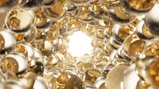 Gold cosmetic serum with liquid bubbles in a 3D abstract background. Hydrating essence gel enriched with collagen molecules. Moisturizing cream or oil for advanced skincare, beauty, and skin health.