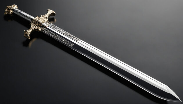 A silver sword with intricate detailing lies on a black surface