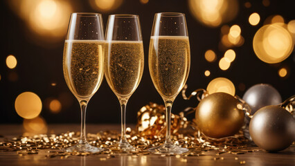 A table setup with champagne glasses filled with bubbly, surrounded by gold and silver party decorations like confetti, balloons, and streamers. 