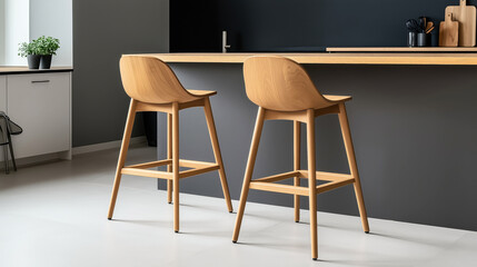 Contemporary kitchen interior featuring two wooden bar stools at a sleek kitchen island with gray and wooden accents in a modern minimalist style.