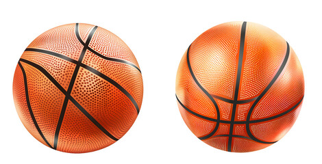 Obraz premium Realistic basketballs with detailed textures and patterns, showcasing vibrant orange colors and black lines, sports themed designs, isolated white background.