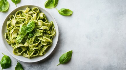 Obraz premium Vegan pasta with pesto bright background clean layout copy space