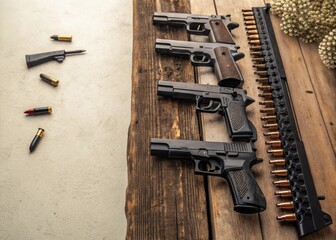 A Detailed Collection of Firearms Displayed on a Rustic Wooden Surface with Ample Copy Space for Text, Highlighting Various Types of Guns in an Engaging and Informative Style