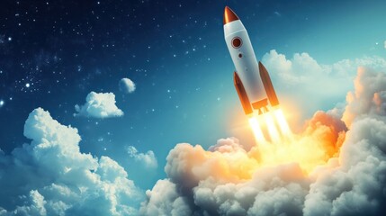 Fototapeta premium Rocket launch with bright flames and a thick trail of smoke, ascending powerfully into a blue sky