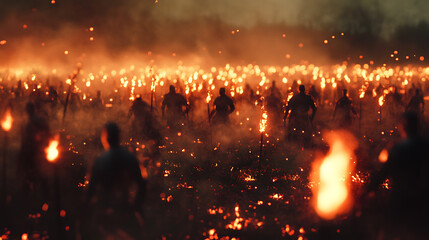 A vast army of silhouetted figures marches through a field of fire.