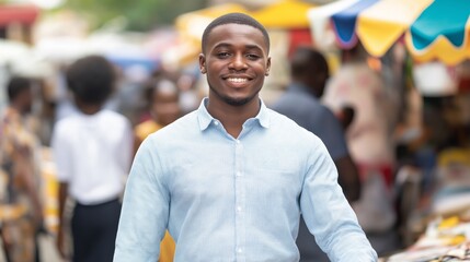 Fototapeta premium Confident young politician with medium dark skin in urban market setting