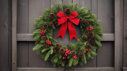 A large, handmade Christmas wreath made of pine branches, berries, and pinecones hanging on a weathered wooden door. 