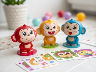 Obraz premium Adorable Cartoon Monkeys for Memory Games on a White Background – Perfect for Educational Use and Kids' Activities, Featuring Playful Designs and Charming Expressions
