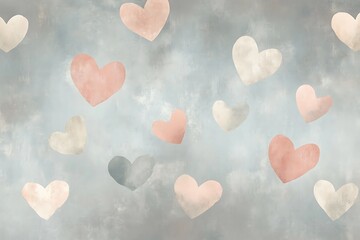 Pastel hearts floating across a soft gray backdrop with a dreamy feel.