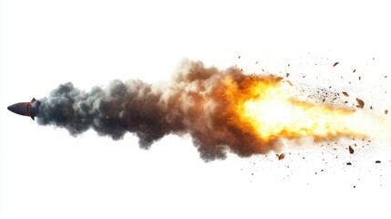 Rocket launching with intense flames and smoke plume, isolated against a white background