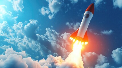 Rocket lifting off with bright fire and thick smoke plume, captured against a blue sky background