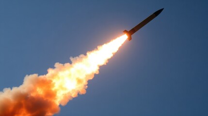 Rocket lifting off with bright fire and thick smoke plume, captured against a blue sky background
