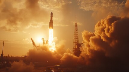 Obraz premium Rocket liftoff with glowing flames and dense smoke trailing, isolated against a bright sky